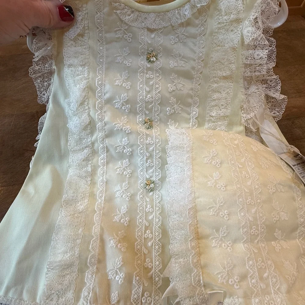 Vintage Sears Fashions for Tiny Tots Pale Yellow Baby Dress with White Lace Trim